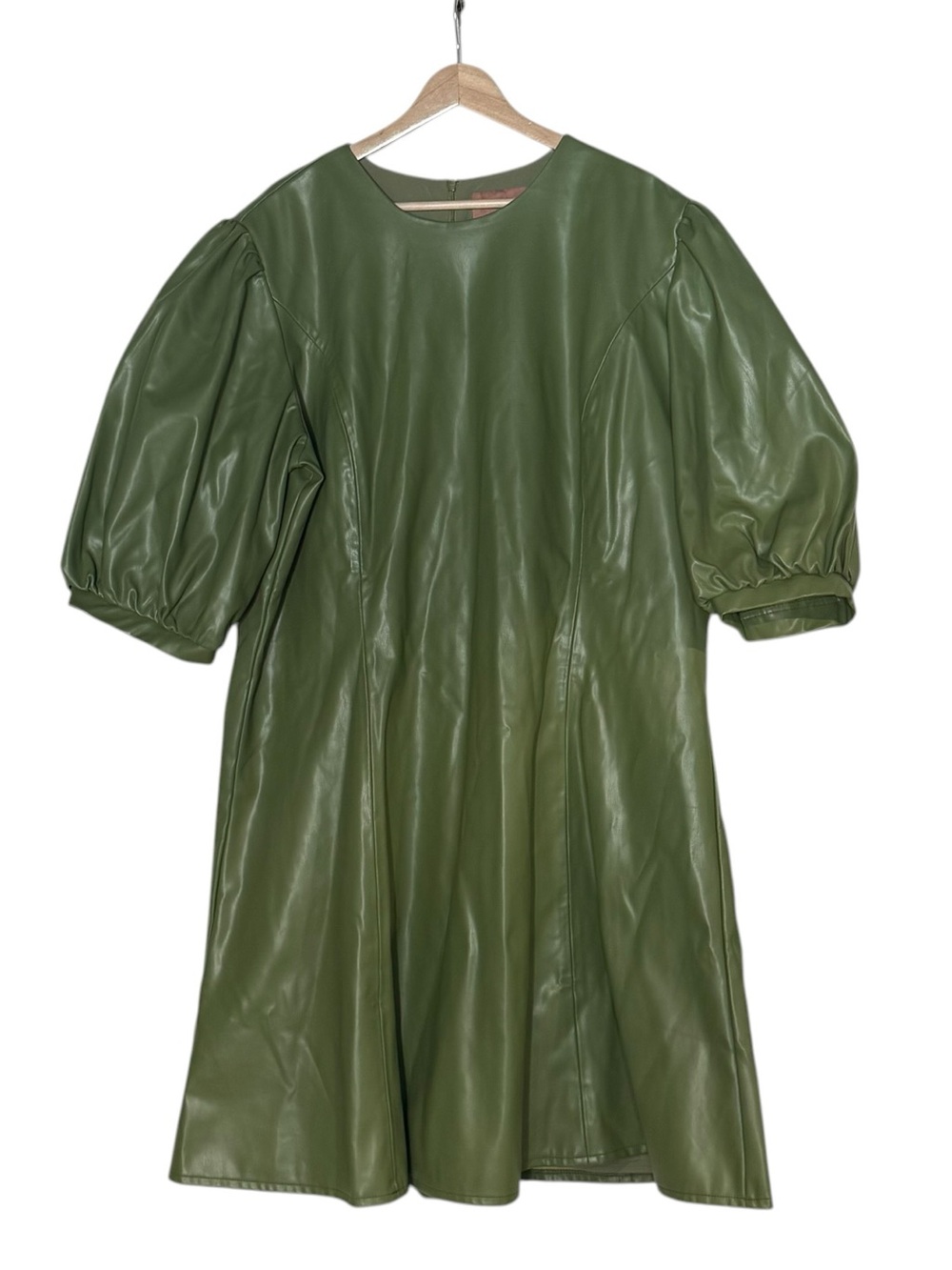 JessaKae Britney Faux Leather Puff Sleeve A-Line Mini Dress Size 3X Olive Green